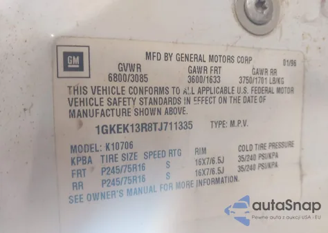 1996 GMC Yukon z USA, uszkodzony, nr VIN 1GKEK13R8TJ711335